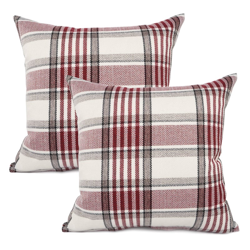 YOUR SMILE Christmas Retro Farmhouse Buffalo Tartan Chequer Plaid Cotton Linen Decorative Throw Pillow Case Cushion Cover Pillowcase for Sofa 18 x 18 Inch, Set of 2, Red/Stripe - Image 1